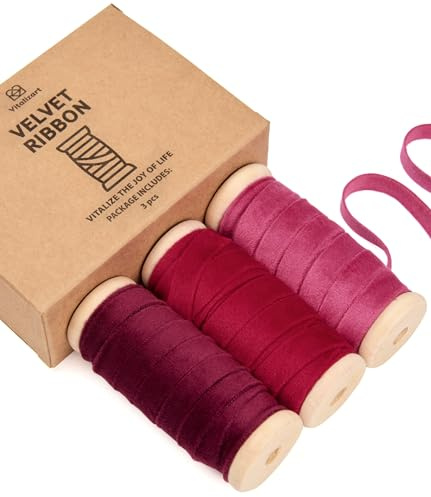 Vitalizart Ruban de Velours Série Rouge 0,95 cm x 4,57 m x 3 Rouleaux, Bobine en Bois, Ruban en Tissu pour la Décoration de Couronnes de Noël, l'Artisanat, les Ornements, l'Emballage de Cadeaux