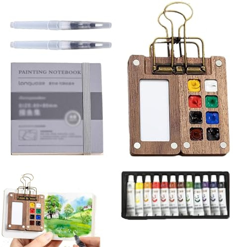 4 PCS Mini Aquarell Set, Pocket Aquarell Travel Set mit 8-Fach-Walnussholz-Palette, 12 Aquarellfarben, 2 Wasserpinseln und Skizzenbuch für Künstler, Studenten und Outdoor-Malen