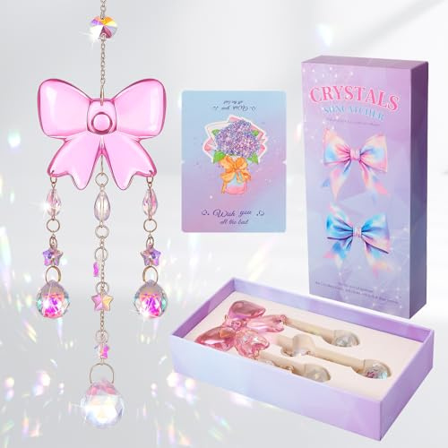 Sonnenfänger Fenster Deko Kristall mit Rosa Schleife 40 cm Lichtfänger Suncatcher Bastelset,Traumfänger Deko für Fenster,Garten&Balkon, Geschenk für Schwester,Frauen&Beste Freundin