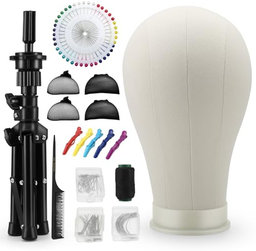 Yocdunm 23 In Head with Wig Stand Tripod,Canvas Wig Head Stand with Mannequin Headform for Making & Display,Tripod Stands with Caps, T & C Pins Set,Bristle Brush