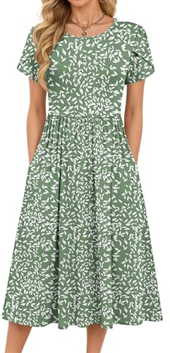 MOLERANI Damen Sommerkleider - Kurzarm Rundhals Midikleid Knielang Freizeitkleider Lose A-Linie Kleider mit Tasche