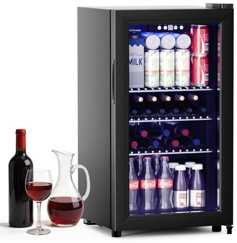 VELPAX Mini Fridge, 92L Floor Standing, 43dB Quiet, Touch Control with Digital Display (4°C to 16°C), UV-Protected Double Tempered Glass Door, Blue Soft Glow, for Bedroom, Office & Kitchen (Black)