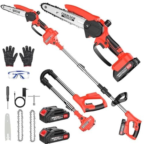 Yospinber 2 en 1 Élagueuse sur Perche Sans Fil, Télescopique Élagueur, 180CM Tronconneuse Electrique 6 Pouces avec 2 Batteries 1500mAh, 2 Chaînes, Gant, Lunettes, pour Jardin, Branches, Bois