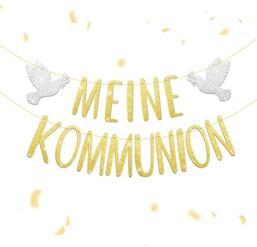 COMOOKA Kommunion Deko Kommunion Girlande Gold mit Glitzer Banner Mädchen Junge zum Aufhängen für Wand Fenster Papiergirlande