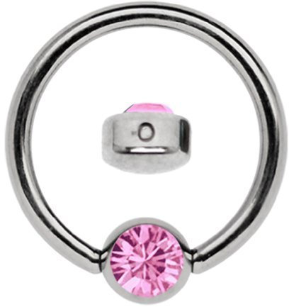 Titan Ring in 1,6 x 6 mm als Lippenbändchen Piercing mit flachem Stein in 4 mm O, rosa
