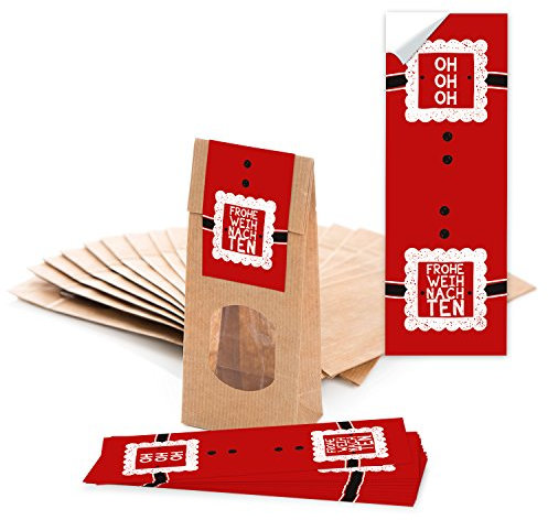 Logbuch-Verlag 25 braune Papiertüten m. Fenster 7 x 4 x 20,5 cm lebensmittelecht + 25 Aufkleber Sticker WEIHNACHTEN Verpackung Geschenk Pralinen Tee