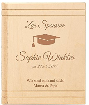 Spardose Buch aus Holz mit Gravur zur Sponsion - Personalisiert mit [Namen] und [Datum] - Motiv Hut - Sparbüchse aus Birkenholz - Sparschwein als Geschenkidee zum akademischen Abschluss