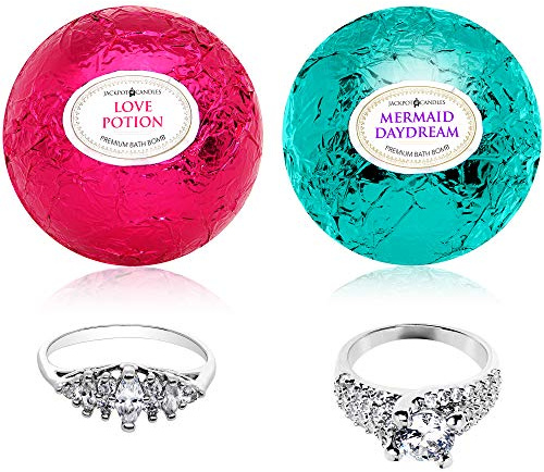 Jackpot Candles Mermaid Love Potion Bath Bombs Gift Set of 2 with Size 7 Ring Surprise Inside Each, Floral Scent, Made in USA