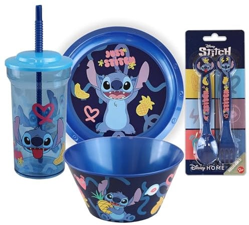 Disney Stitch Kids Meal Set – 5Pcs Plastic Tableware Set, Tumbler with Straw, Plate, Bowl, Spork and Spoon, BPA Free, Durable and Fun Dining for Kids 4+