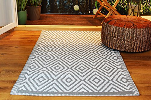 KAMACA Outdoor Teppich Raute für Terrasse Balkon RV Camping pflegeleicht robust witterungsbeständig aus wetterfestem Kunststoff wendbare UV-beständige Campingmatte (Teppich 90 x 150 cm grau)