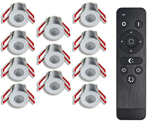 3W LED Mini Einbaustrahler, IP65 Wassergeschützt, 3000K Warmweiß, Dimmbar, Funk-Netzteil, Innen- und Außenbeleuchtung ideal für Terrassenüberdachung, Badezimmer, etc (Silber, 11x Minispot)