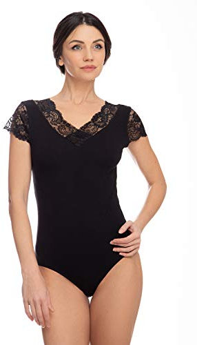 Evoni Damenbody mit kurzen Ärmeln und Rundhals I Damen T-Shirt I Bodysuit Women I Unterzieh-Body I Kurzarm-Body mit optimaler Passform schwarz S
