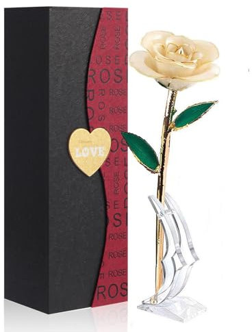 Easegain Gold Dipped Rose White,Dipped in 24k Gold-Long Stem Rose Flowers Artificial for Decoration,Rose Flowers with Transparent Stand & Gift Box,Gift for Mom,Lover,Women,Thanksgiving Day