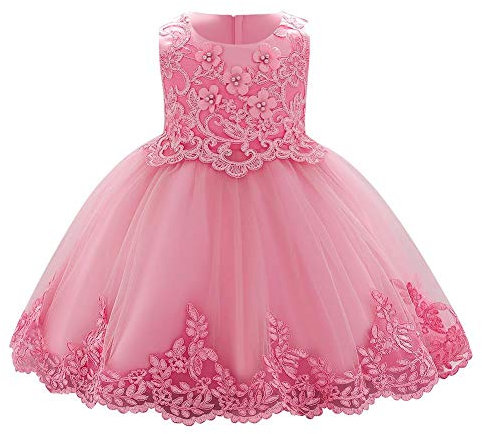 FYMNSI, vestito da principessa in tulle, elegante pizzo, fiori, abito da sera, matrimonio, damigella d'onore, festa, compleanno, battesimo, 9-24 mesi rosa scuro 12-18 Mesi