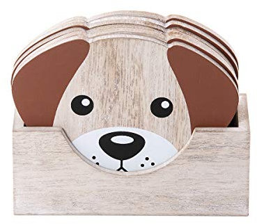 SPOTTED DOG GIFT COMPANY Set di Sottobicchieri in Legno con Supporto, 6 Pezzi Poggiabicchieri Forma di Cani per Bevande Bicchiere e Caffè Tazze, Decorazione Casa Cucina Regali per Amanti dei Cani