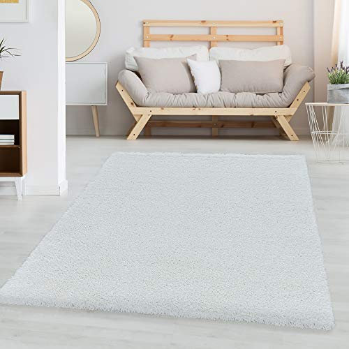 Carpettex Hochflor Teppich - Wohnzimmer Shaggy Flokati Modern Einfarbig 120 x 170 cm Weiß - Schlafzimmer Weich Flauschig Waschbar - Küche Esszimmer Langflor