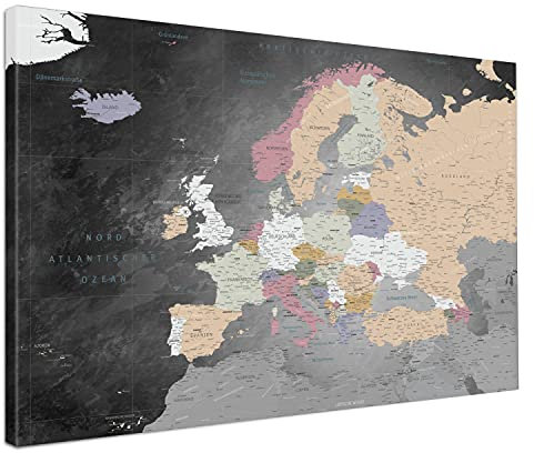 LANA KK - Premium Pinnwand Europakarte - Schiefer Grau - Deutsch - in 80 x 60 cm, stabile Rückwand zum Pinnen inkl. Starterkit - Leinwand-Kunstdruck Wandbild Landkarte XXL