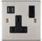 Stainless Steel - 13A 1Gang Switched USB Socket (2400mA) Brushed Steel Brushed Chrome Double Socket