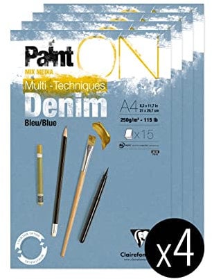 Clairefontaine 975701C - Packung mit 4 Blöcken Paint´ON Denim, DIN A4, kopfseitig geleimt, 15 Blatt, 250g, denimblau, 4 Stück