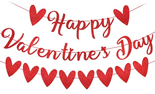 Rotes Glitzer Happy Valentines Day Banner und Valentines Herz Girlande Banner Dekorationen, Valentinstag Banner Dekor für Happy Valentines Day Hochzeit Verlobung Party Dekorationen