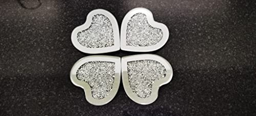 Deenz New Heart Shaped Coaster Set Of 4 Mirror Full Crushed Jewel Diamante Diamond Glass Cup Mat Gift Set