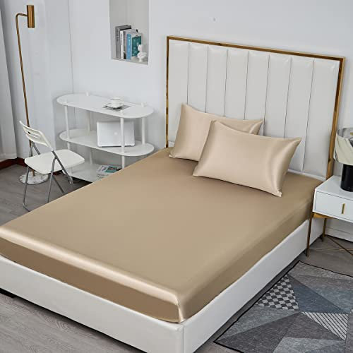 Michorinee Satin Spannbettlaken 180x200cm Taupe Glatt Seide Glanzsatin Bettlaken Boxspringbett Topper Microfaser Spannbetttuch für Matratze bis 25 cm