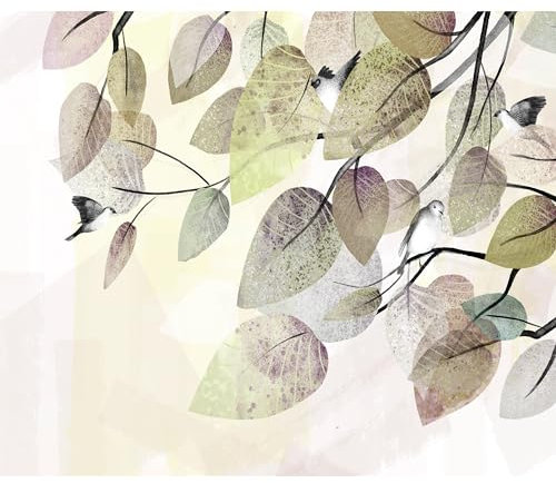 decomonkey Fototapete Baum Vogel 100x70 cm Design Tapete Fototapeten Tapeten Wandtapete moderne Wand Schlafzimmer Wohnzimmer Blätter Laub Natur Pflanzen Ast gelb violett