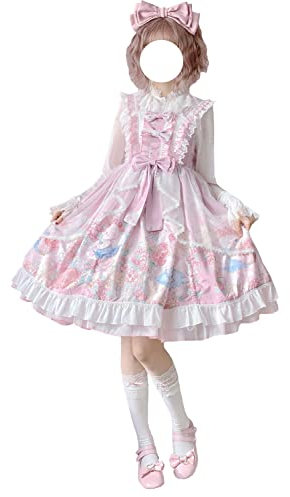 Robe Lolita pour filles - Imprimé lapin mignon - Nœud papillon à volants - Style japonais - Robe de fête de princesse, rose, 38