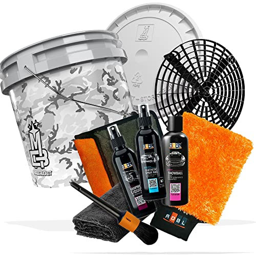 10 teiliges Autowasch Bundle – ADBL Synthetic Spray Wax, Snowball Auto Shampoo, Vampire Liquid, Waschhandschuh, Tuch, Pinsel, Magic Bucket 3,5GAL & Deckel camouflage grau, Grit Guard, detailmate Tuch
