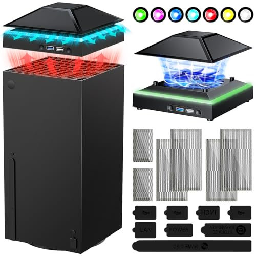 Cooling Fan for Xbox Series X with Dust Cover Filter, RGB Color LED Light Cooler System with Low Noise 3 Levels Adjustable Speed Fan, Extra 2 USB Port for Xbox Series X Console Accessories