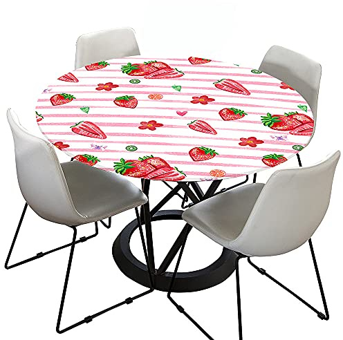 Chickwin Tischdecke Runde Wasserdicht Abwaschbar Erdbeere Tischschoner Elastische Kante, Tischtuch aus Polyester für Küche,Esszimmer,Garten,Balkon (Frucht Erdbeere,100cm (für 80-90cm Tisch))