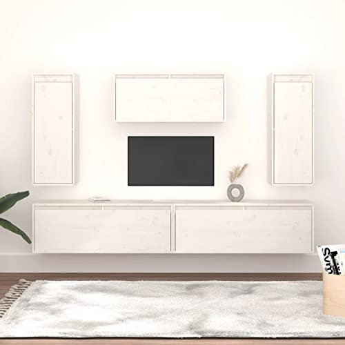 Tidyard 5 STK. Moderne Wohnwand Komplett-Set Schrankwand Anbauwand Mediawand Hängevitrine Wandregal TV-Lowboard Massivholz Kiefer Weiß