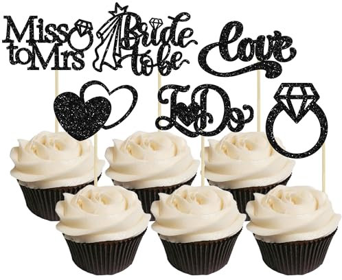 Gyufise 24Pcs Bride to Be Cupcake Toppers Black Glitter I Do Love Heart Ring Miss To Mrs Cupcake Picks Bridal Shower Cake Decorations for Wedding Engagement Bachelorette Party Supplies
