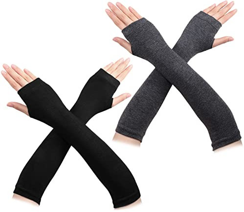 Boyiee 2 Paar Armstulpen Fingerlose Armwärmer Unisex Warme Strick Dehnbare Daumenloch Fäustlinge Damen Fingerlose Lange Handschuhe