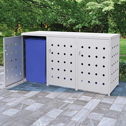 Yolola Edelstahl Mülltonnenbox 3er Mülltonnenverkleidung 3 Tonnen Metall Müllcontainer Mülltonnenschrank Müllbox Draußen,Abschließbar, Deckel und Federnargenté 3 Tonnen-207 x 77.5 x 115 cm