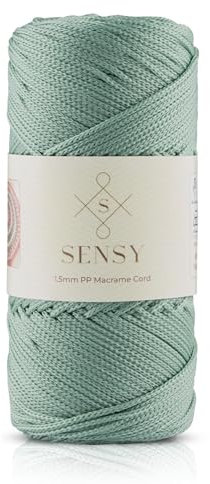 Sensy Premium 1,5 mm 160 Meter Polyester-Seil, 100% Polypropylen-Kordel für Makramee, 1,5 mm, Häkelnadel, Makramee-Seil, Häkelgarn, Geschenk für Stricker, Salbeigrün