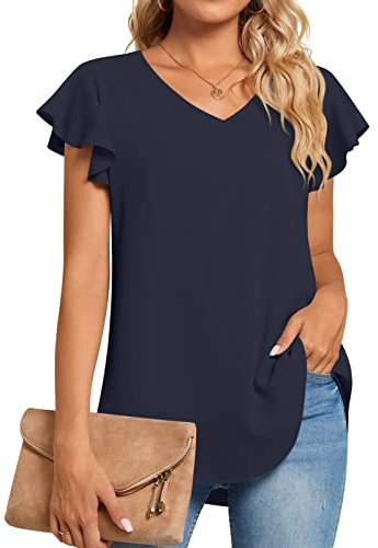 TAOHUADAO Womens 2024 Summer Casual Dressy Shirts V Neck Tunic Ruffle Short Sleeve Chiffon Tops Comfy Blouse X-Large, Navy Blue