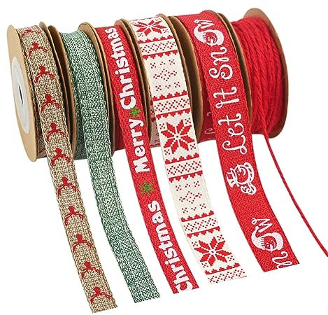 Bekecidi 6 rotoli di nastro di iuta natalizia, nastro natalizio per confezioni regalo, in tessuto rosso, spago per regali di Natale, ghirlande di albero di Natale, decorazioni per feste di Natale