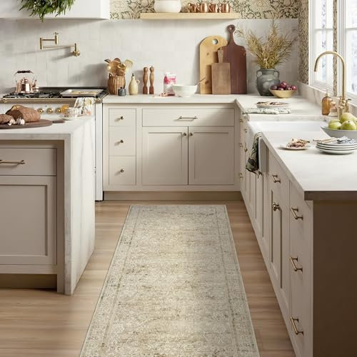 BILEEHOME Neutraler Landhaus-Teppich für Flur, waschbar, rutschfeste Gummi-Unterseite, Vintage, modern, Boho-Läufer, Teppiche für Eingangsbereich, Küche, Bad, Hellbraun und Cremebeige