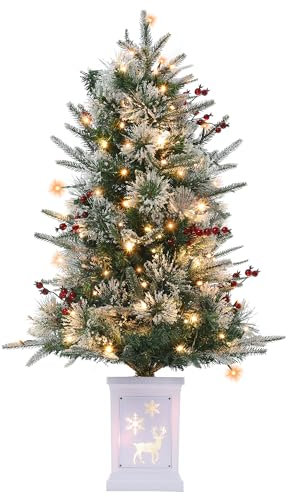 Christmas Tree, 3 Ft Pre-Lit Artificial Christmas Trees with Lighting Potted Base, Snow Flocked Small Christmas Tree with 70 LED Lights, Christmas Decoration, Battery Operated and Timer Function
