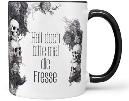 Sunnywall Keramiktasse Kaffeetasse Tasse mit Spruch Statement Halt doch bitte mal die Fresse - Sarkasmus - lustig - Skull - Skelett Keramik 330ml