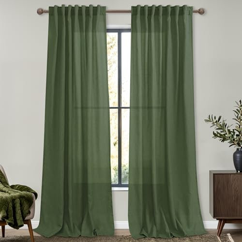 Mrs.Naturall Leinen-Vorhänge, 228 cm Länge, für Wohnzimmer, 2 Paneele, mit Schlaufen auf der Rückseite, lichtfilterend, durchscheinend, Boho-Vorhang für Schlafzimmer, 132 x 228 cm, Olivgrün