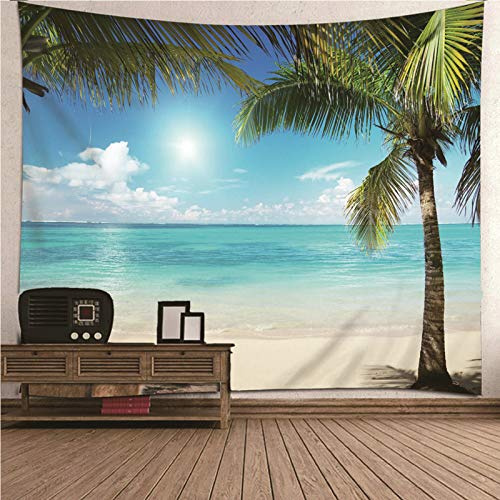 CEVAN Wandbehang Gross Wanddecke Mit Vorhang Schmücken Ozean-Strand-Kokosnussbaum Wandteppich Entspannung Wanddekoration Teenager Wandbehang Stoff Blau Grün 150x130cm