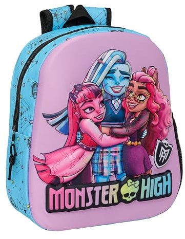 Safta MONSTER HIGH - Mochila Escolar, con Diseño 3D, Adaptable a Carro, Ideal para Niños de Diferentes Edades, Cómoda y Versátil, Calidad y Resistencia, 27x10x33 cm, Color Lila/Azul