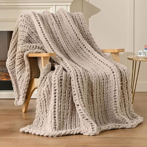 Esterra Chunky Knit Blanket Throw 60x80, 100% Hand Knitted Chenille Throw Blanket, Cozy Soft Thick Cable Knit Throw Large Rope Knot Crochet Throw Blanket for Sofa Couch Bed, Linen Beige