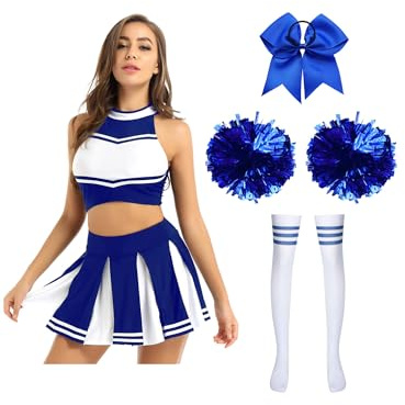 Alvivi Cheer Leader Kostüm Damen Cheerleading Uniform 5tlg.Crop Tops + Rock + Socken Pompoms Haarband Halloween Karneval Fasching Kostüm