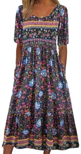 ABYOVRT Damen Kleider Lose Sommerkleid Lang Freizeitkleid Bohe Midikleid für Rundhals Strandkleid Blumenkleid Midi Kleid mit Taschen,XXL