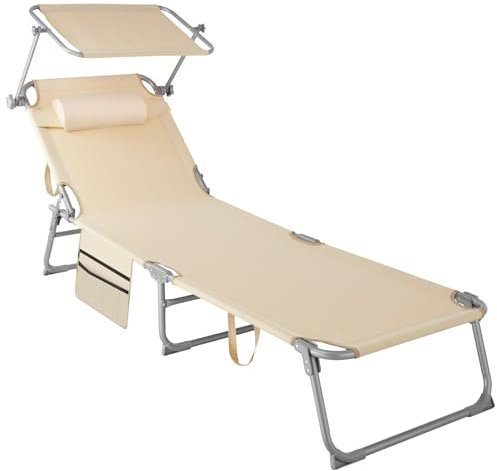 TecTake® Sdraio Pieghevole, 4 Posizioni, Cuscino Poggiatesta, Idrorepellente, aio da Giardino, Lettino Prendisole, Arredo Giardino, Terrazzo, Sdraia da Balcone, Piscina e Spiaggia - Beige