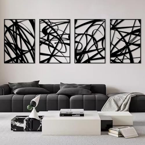 4Pcs Abstrakte Schwarze Metall Wandkunst, 3D Texturierte Metallbilder Wanddeko, Modernes Design Metall Wandskulpturen, Minimalistische Linienkunst Heimdekoration für WohnräUme BüRos (16in X 11in)
