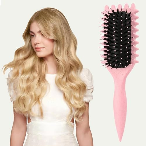 Curl Brush, Curl Hair Defining Brush for Women Men Combing and Shaping, Bristle Hair Brush Styling Brush for Detangling Shaping, Less Pulling and Easy Styling (Pink)